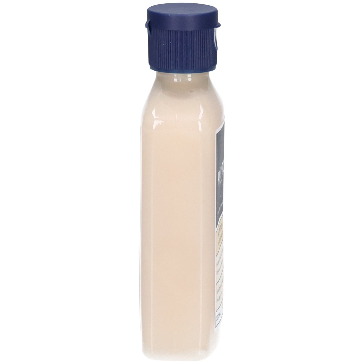 Seitenansicht der PHYTO NUTRITION Nourishing Shampoo Flasche. Cremefarbene Flüssigkeit sichtbar.