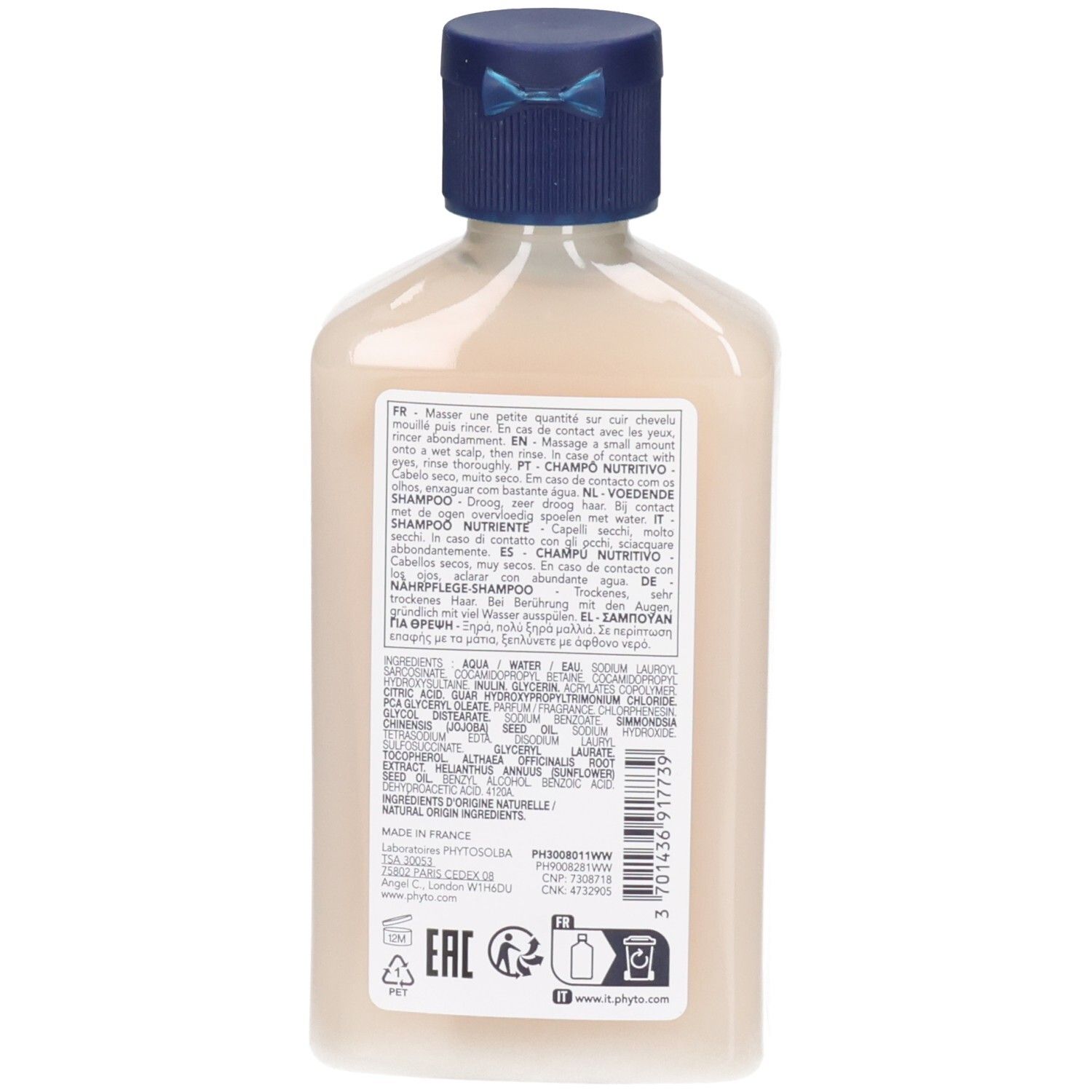 Flasche mit blauem Deckel, Rückseite mit mehrsprachigen Anweisungen und Inhaltsstoffen. Phyto Shampoo Nutritive.