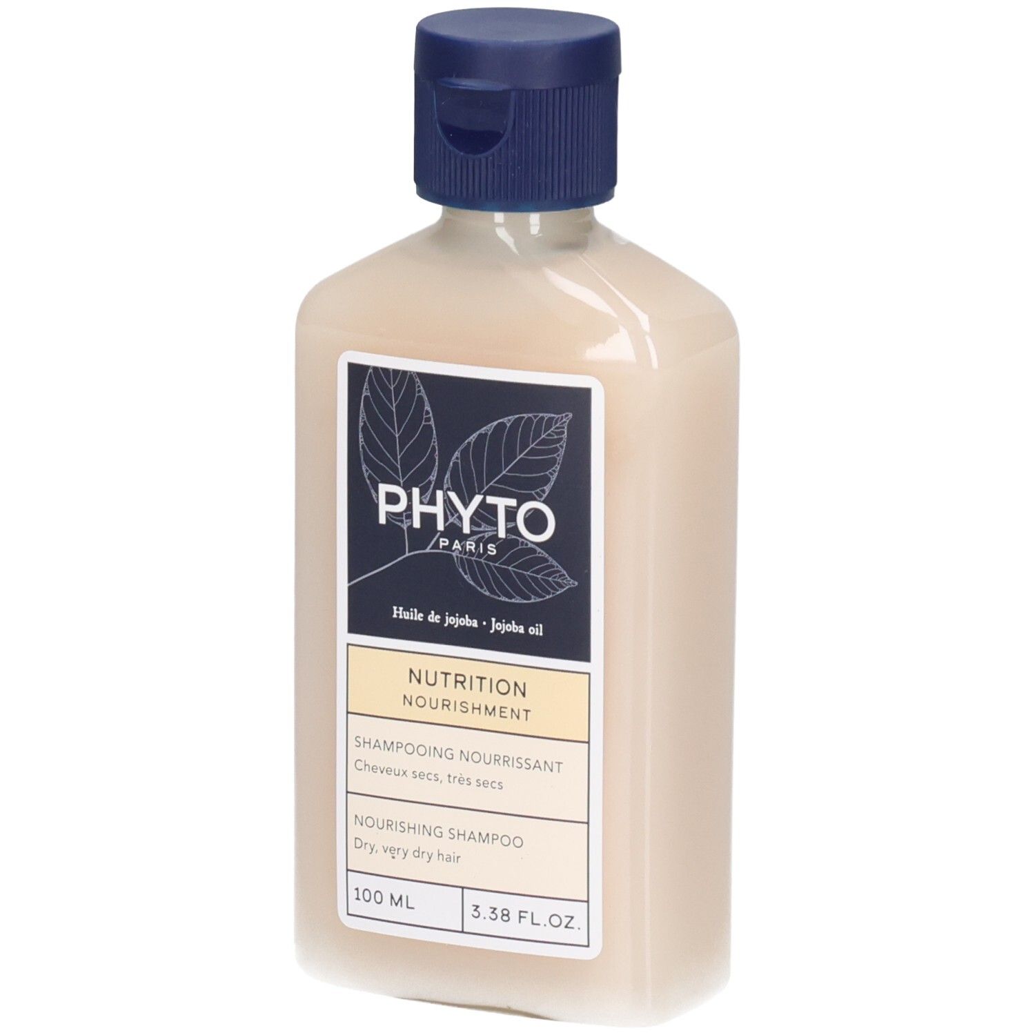 PHYTO NUTRITION Nourishing Shampoo Flasche, Vorderansicht. Etikett zeigt Jojobaöl für trockenes Haar.