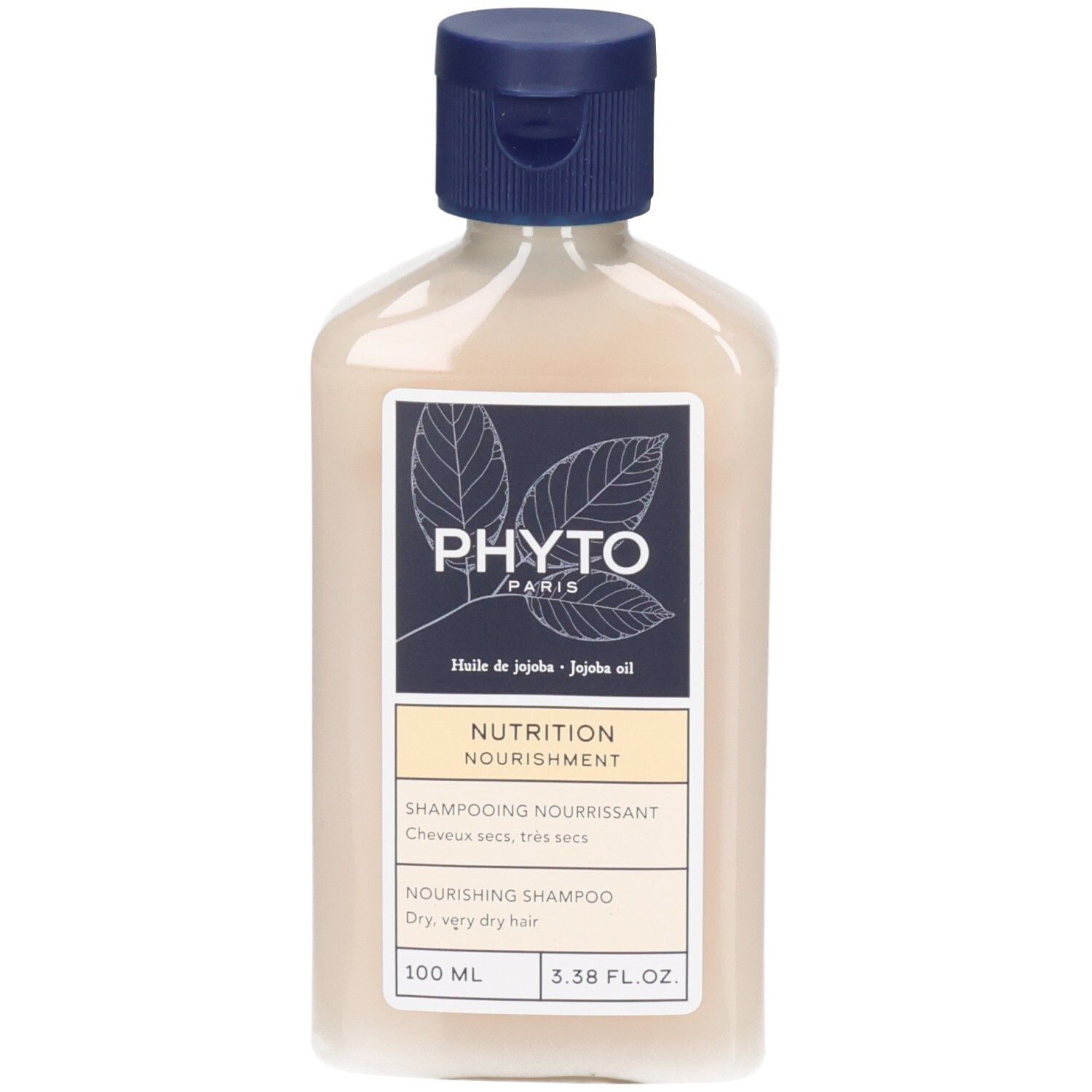 PHYTO NUTRITION Nourishing Shampoo Flasche, Vorderansicht. Etikett zeigt Jojobaöl für trockenes Haar.