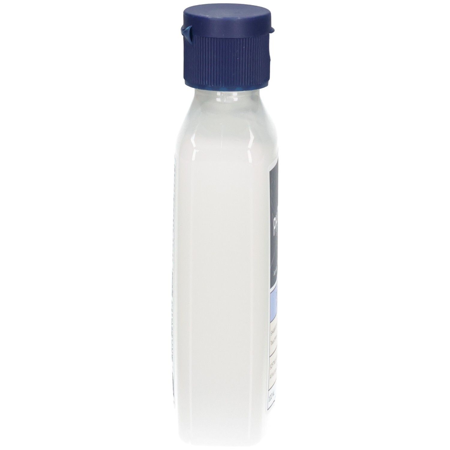 Seitenansicht einer Phyto Softness Shampoo Flasche mit blauem Klappdeckel. Klare Flasche mit weißem Inhalt.