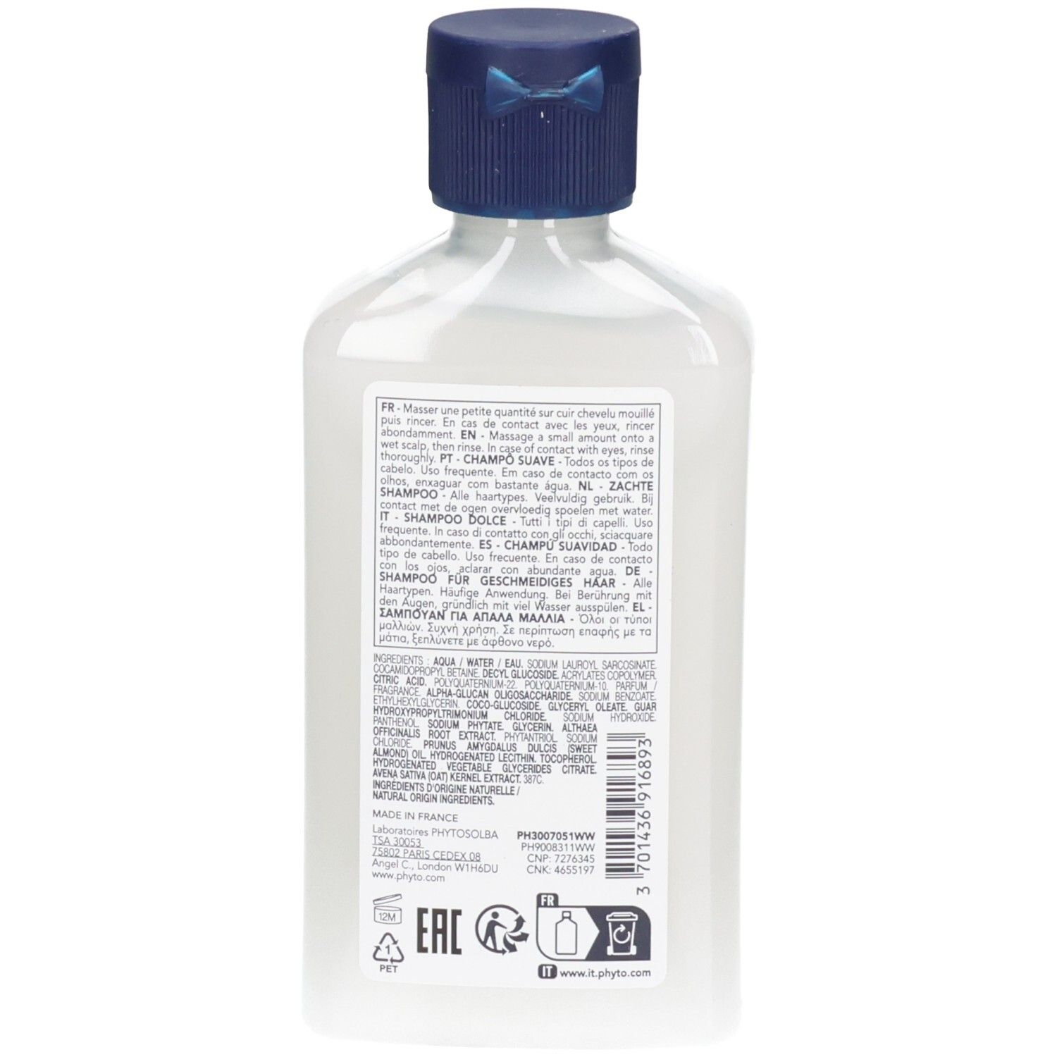 Rückseite einer Phyto Softness Shampoo Flasche. Enthält detaillierte Produktinformationen und Inhaltsstoffe.