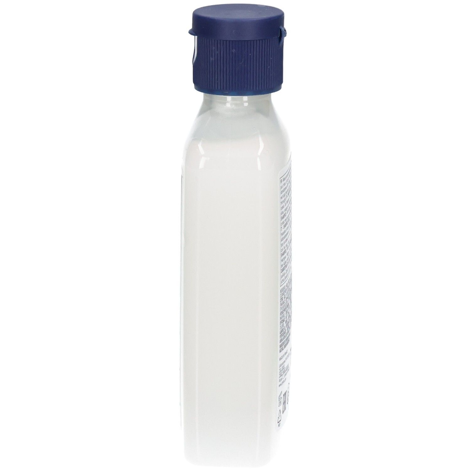 Seitenansicht einer Phyto Softness Shampoo Flasche mit blauem Klappdeckel. Klare Flasche mit weißem Inhalt.