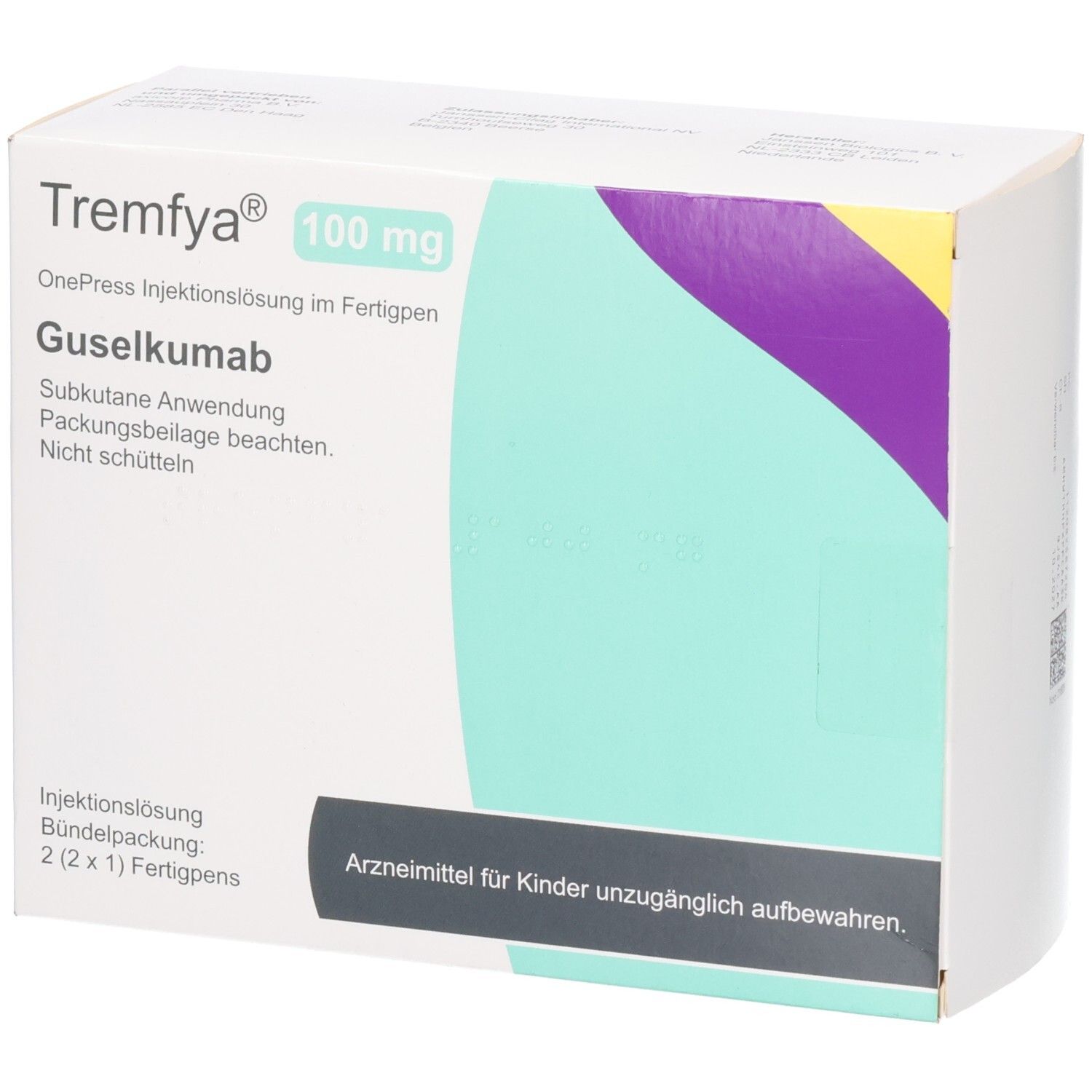 Packung Tremfya 100 mg Guselkumab Injektionslösung im Fertigpen, 2 Stück.