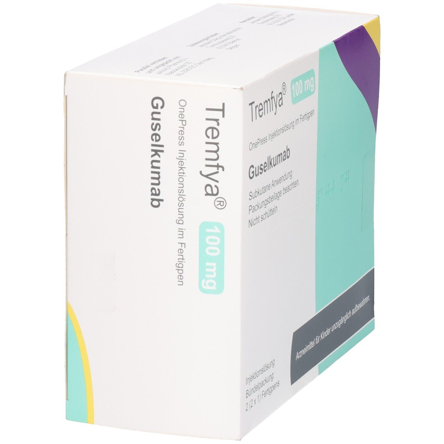 Verpackung für Tremfya Guselkumab, 100 mg Injektionslösung. Subkutane Anwendung. Karton mit farbigen Designelementen.