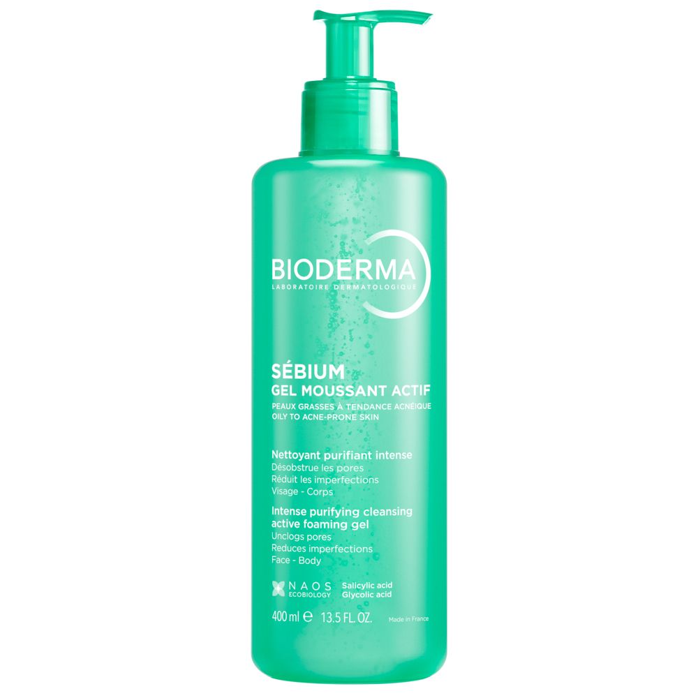 BIODERMA Sebium Gel Moussant Actif Reinigungsgel in türkiser Flasche mit Pumpspender, 400ml.