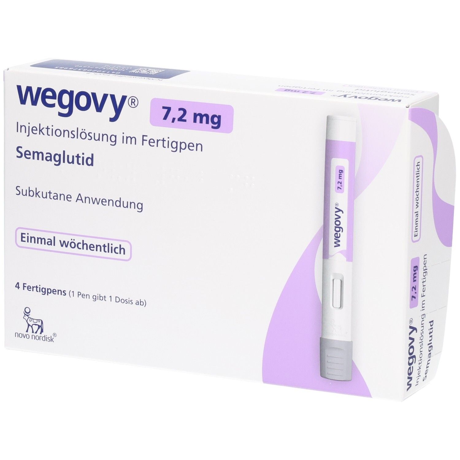 Wegovy 7,2 mg Injektionslösung im Fertigpen, Semaglutid. Packung mit 4 Fertigpens.