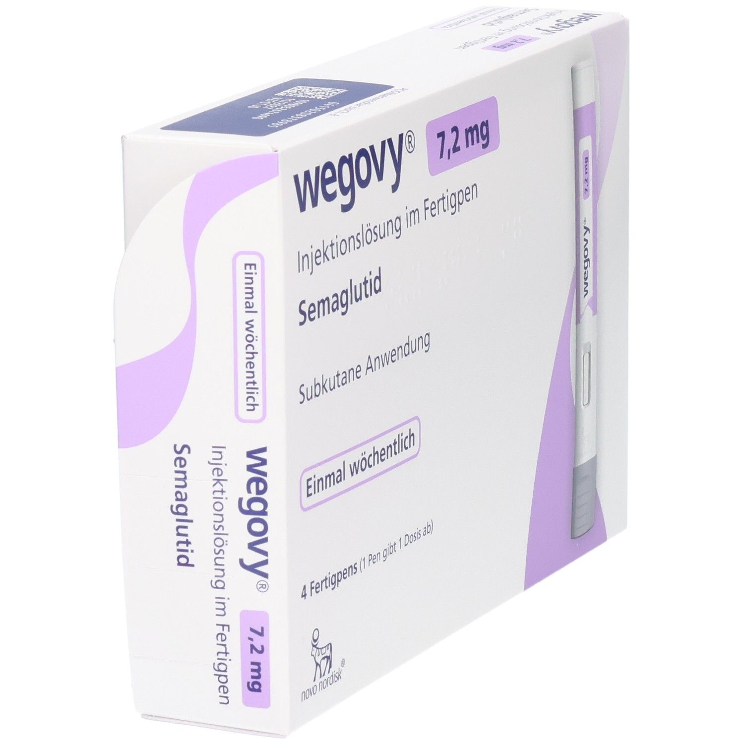 Wegovy 7,2 mg Injektionslösung im Fertigpen, Semaglutid. Packung mit 4 Fertigpens.