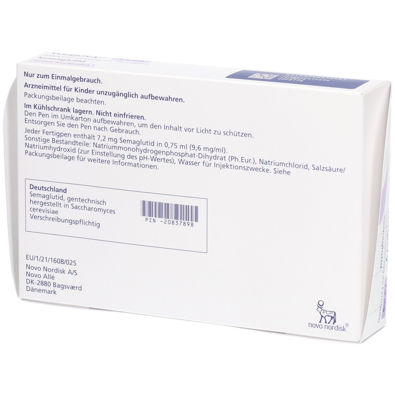 Rückseite der Wegovy 7,2 mg Packung mit Anwendungshinweisen und Herstellerinformationen.