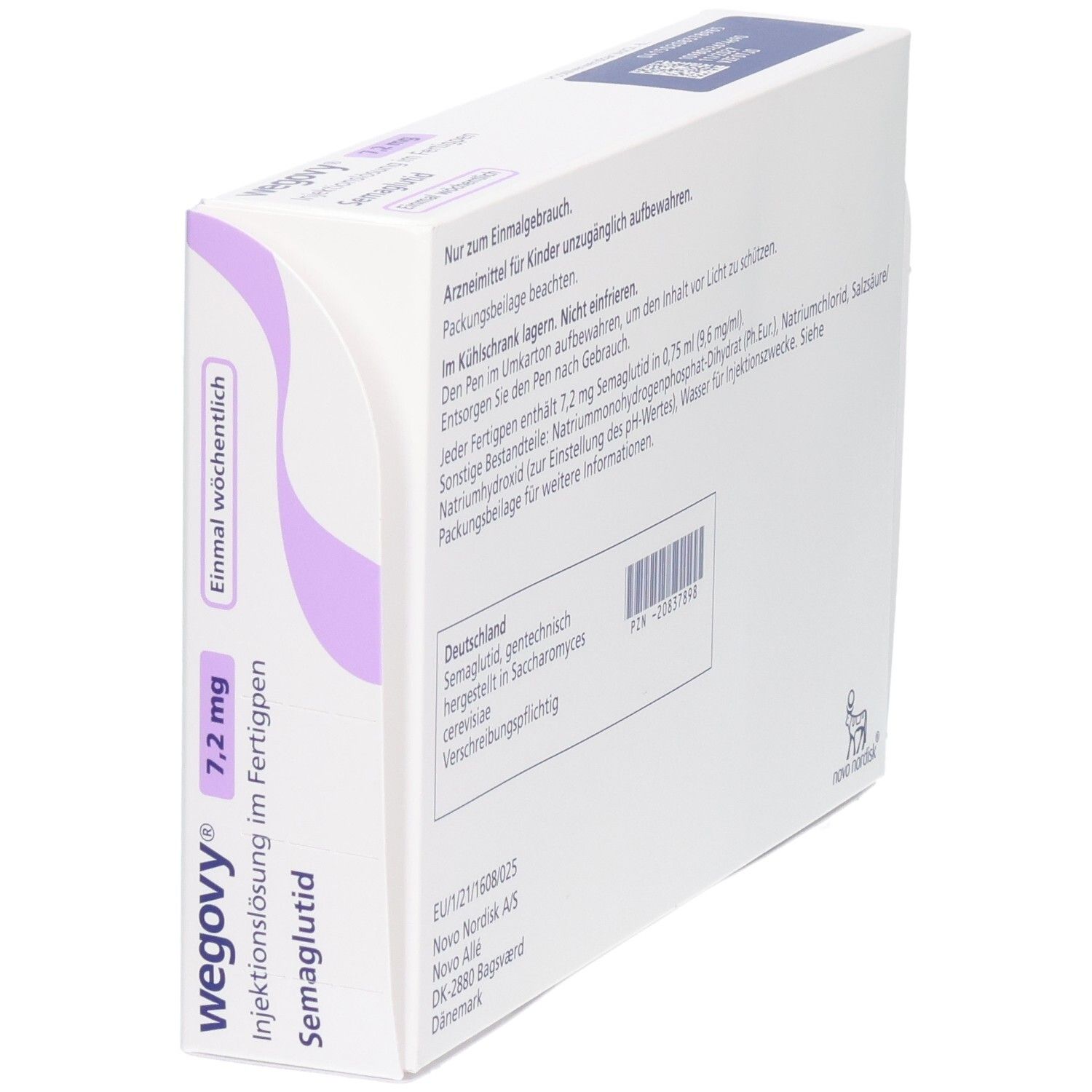 Seitenansicht der Wegovy 7,2 mg Packung mit Fertigpen und Anwendungshinweisen.
