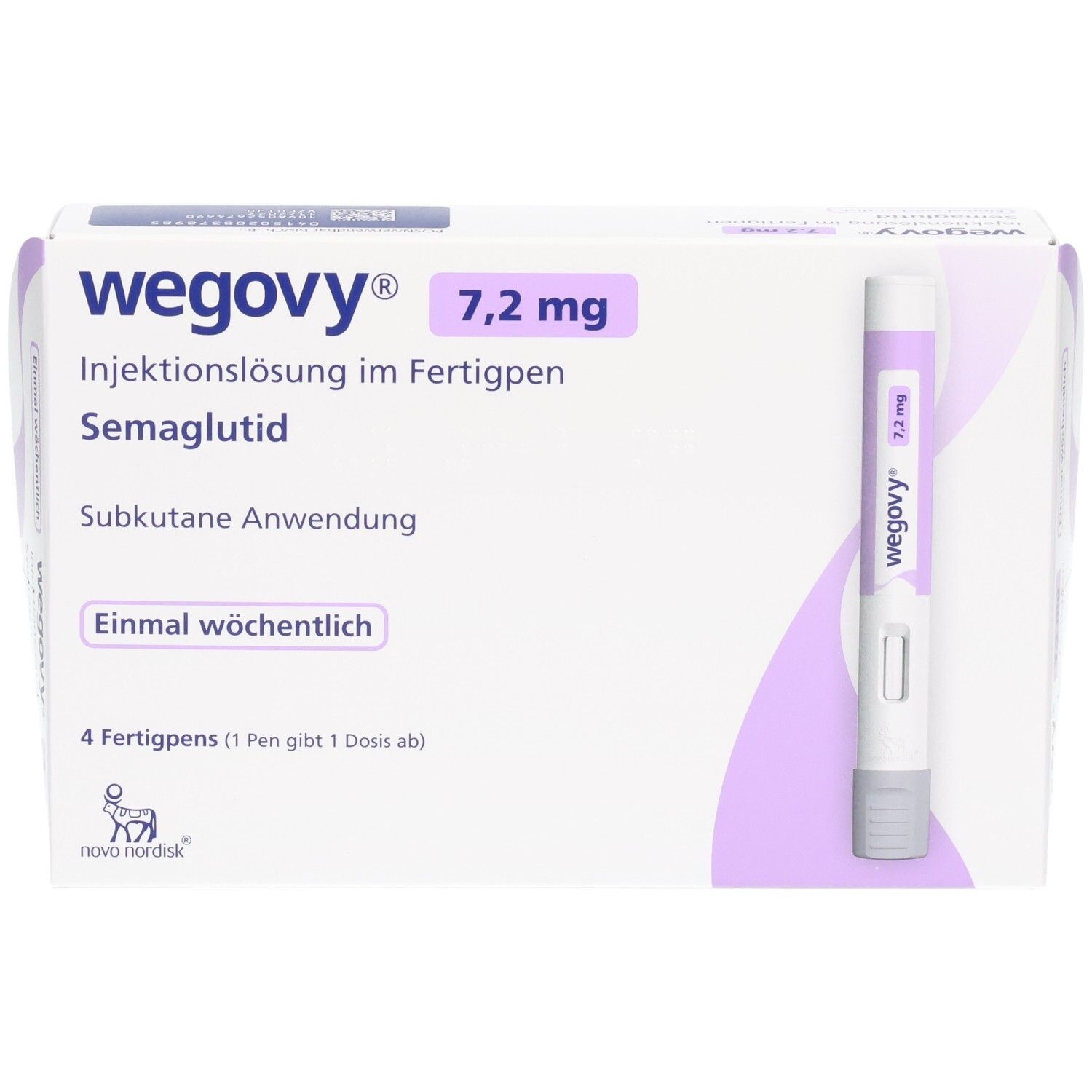 Wegovy 7,2 mg Injektionslösung im Fertigpen, Semaglutid. Packung mit 4 Fertigpens.