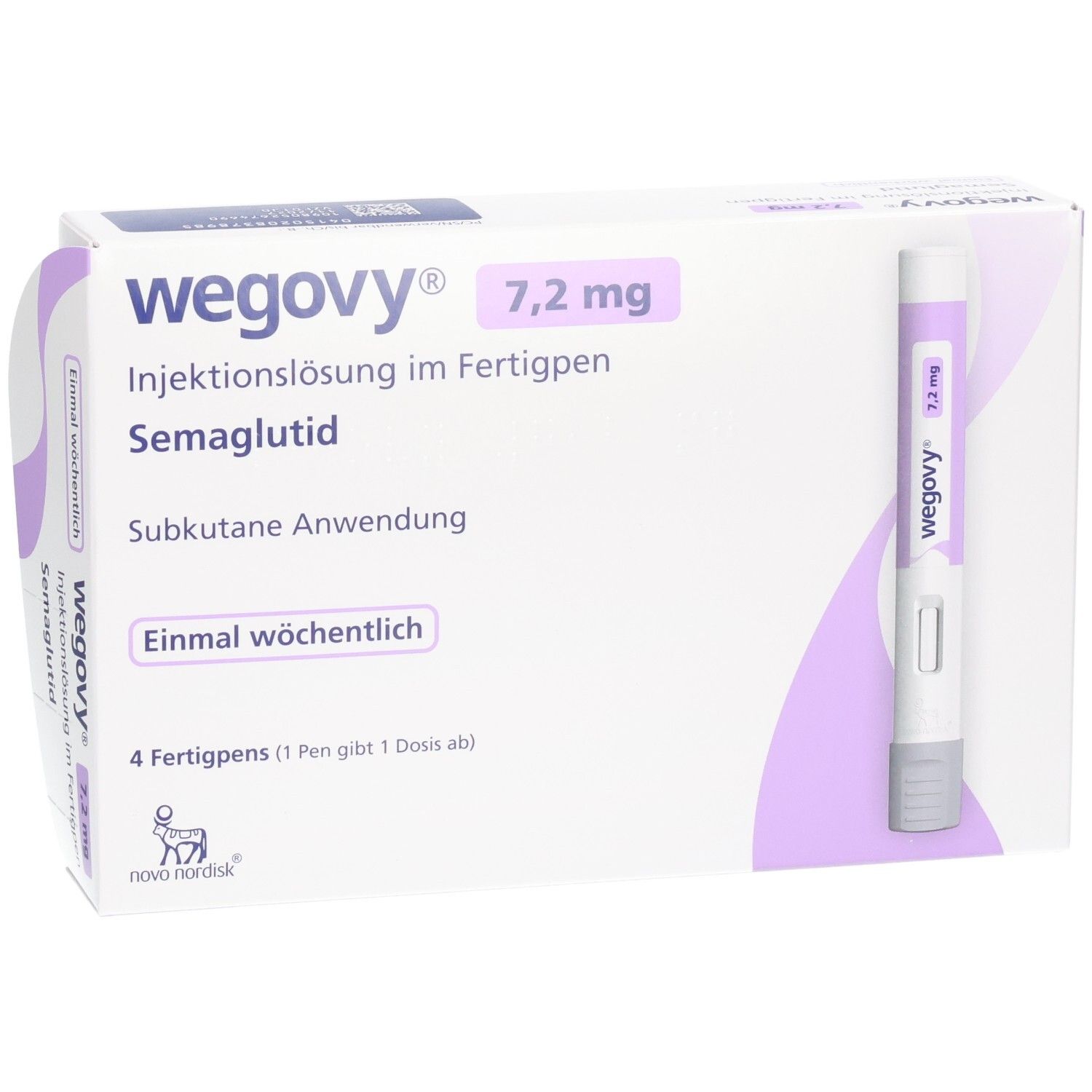 Wegovy 7,2 mg Injektionslösung im Fertigpen, Semaglutid. Packung mit 4 Fertigpens.