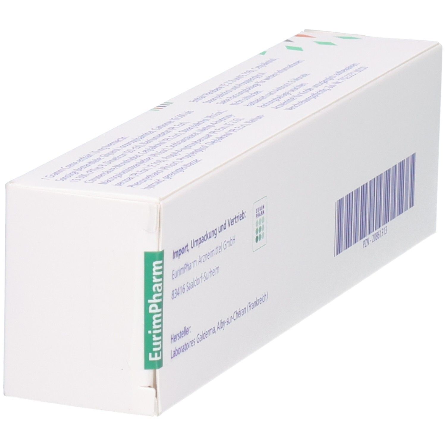 Weiße Produktverpackung mit grüner und grüner Beschriftung. Enthält Informationen über Importeur und Hersteller.