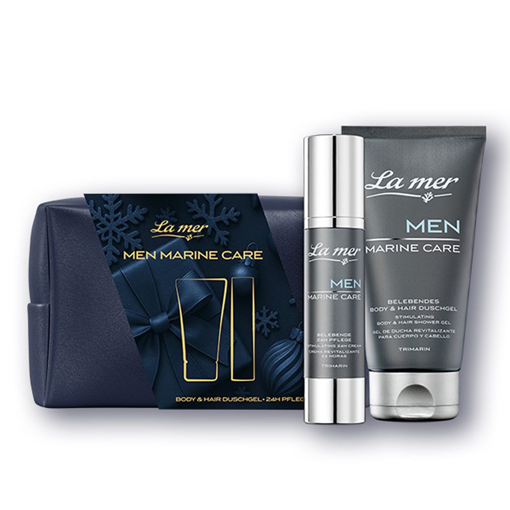 La mer MEN MARINE CARE Kosmetiktasche mit Duschgel und 24h Pflege.
