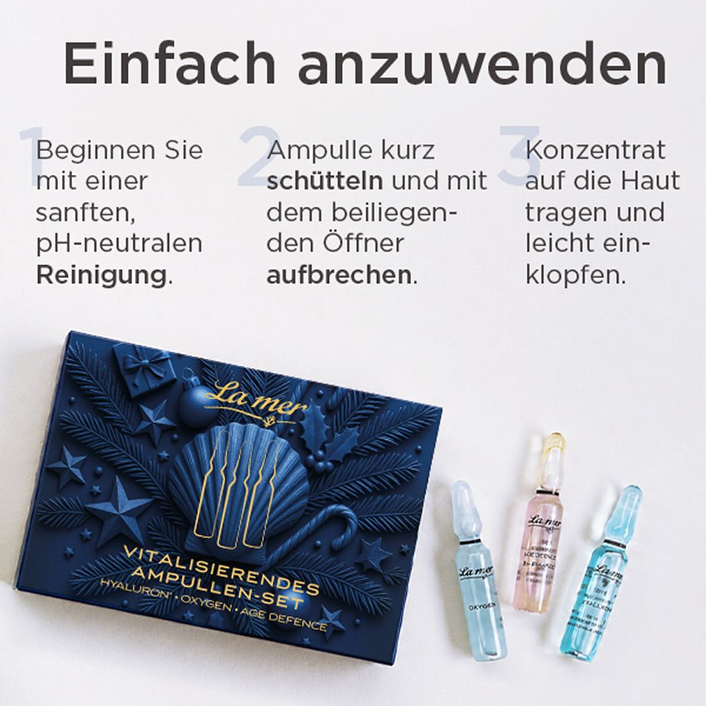 La Mer Ampullen-Set mit drei Ampullen in den Farben Blau, Rosa und Hellblau. Dunkelblaue Verpackung mit Prägung.