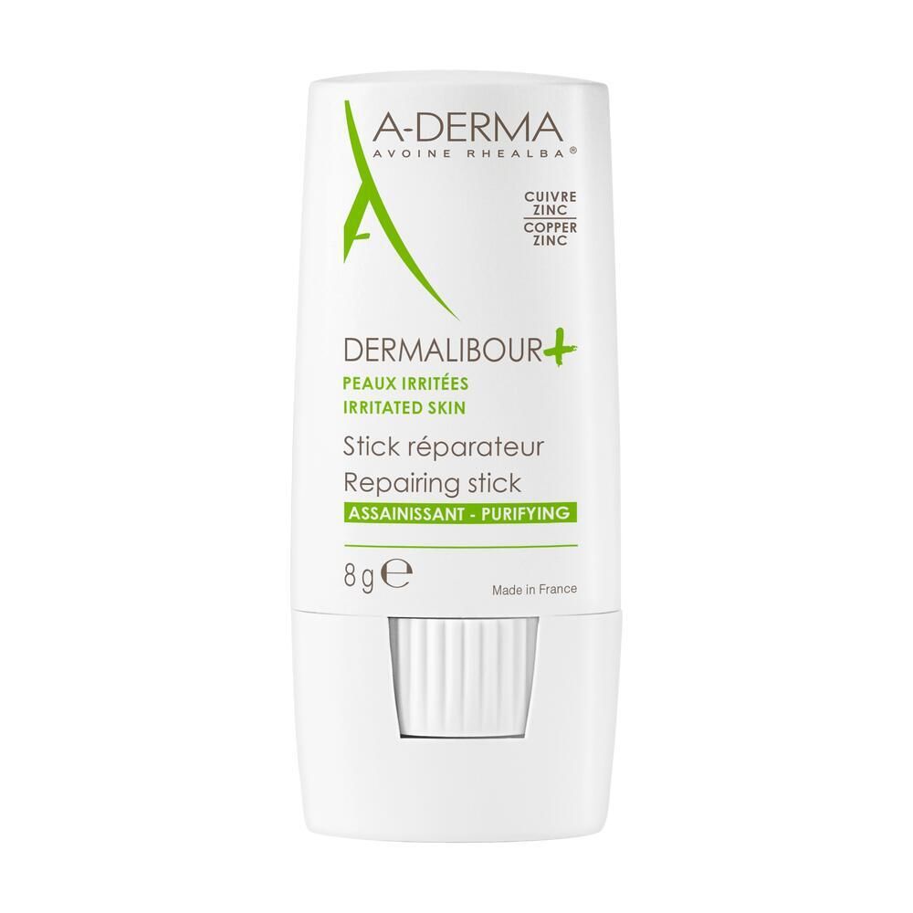 A-Derma Dermalibour+ stick réparateur. Bâton blanc avec texte vert. Contient du cuivre et du zinc. 8g.