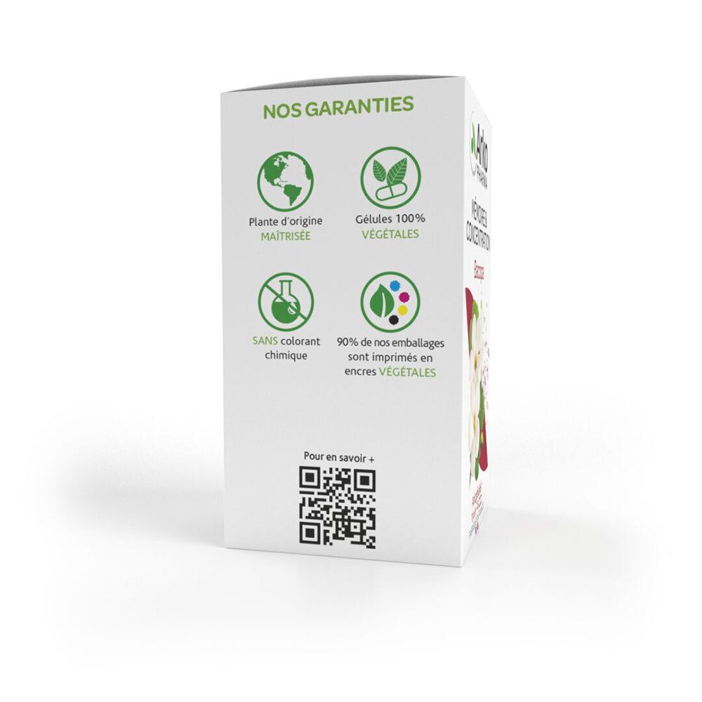Dos de la boîte avec logos : origine végétale, gélules 100% végétales, sans colorant chimique, recyclable.