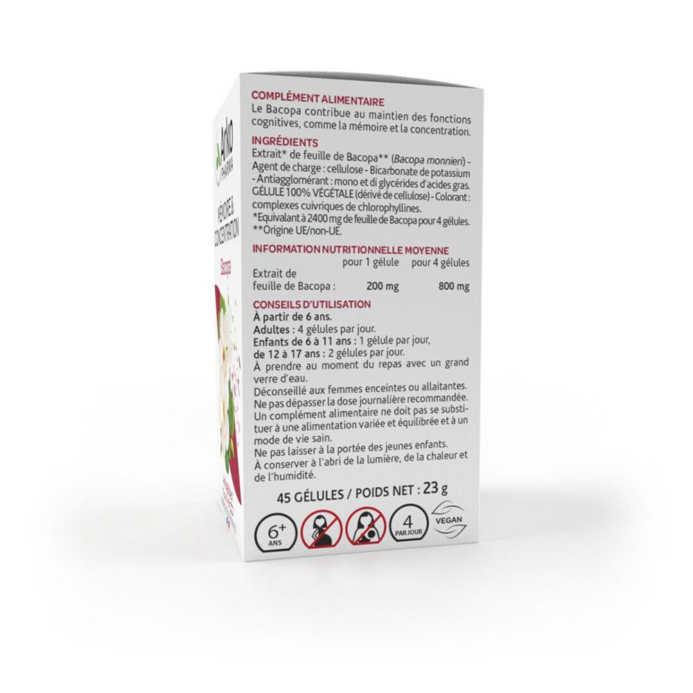 Dos de la boîte avec ingrédients, conseils d'utilisation et informations nutritionnelles. Contient 45 gélules.
