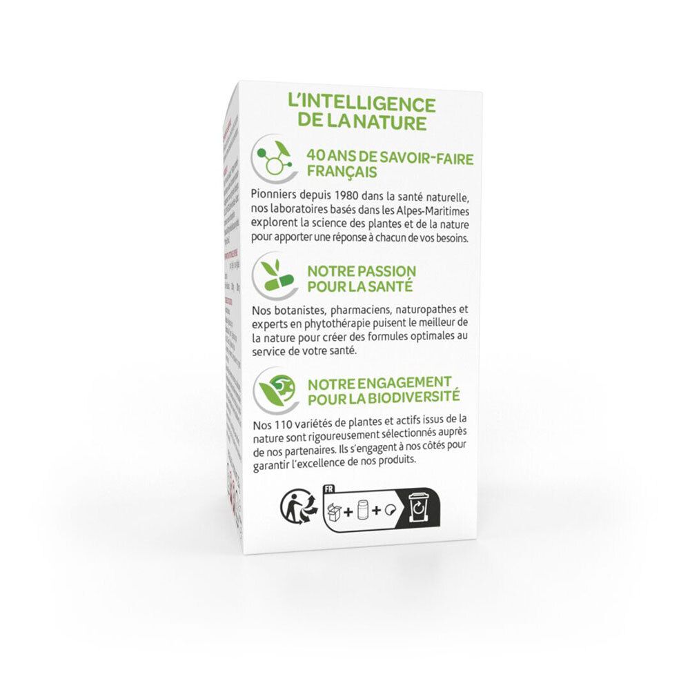 Dos de la boîte avec informations sur l'entreprise et ses valeurs. Contient des logos et un code QR.