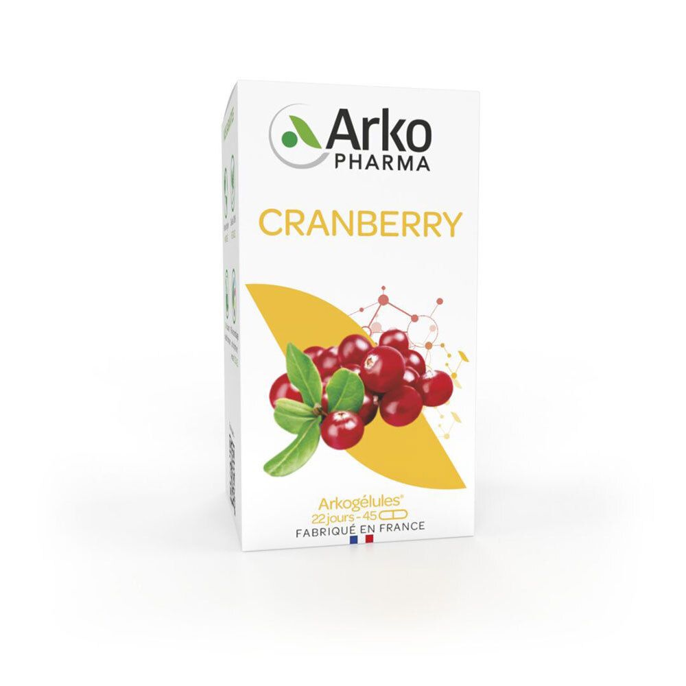 Boîte blanche Arkopharma avec logo et illustration de cranberry. Texte: Cranberry, Arkogélules, 45 gélules.