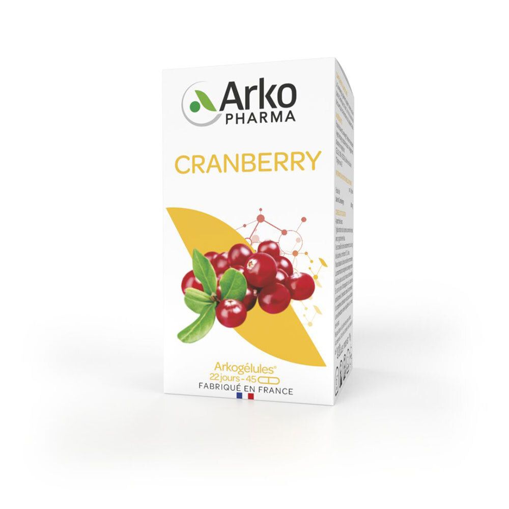 Boîte blanche Arkopharma avec logo et illustration de cranberry. Texte: Cranberry, Arkogélules, 45 gélules.