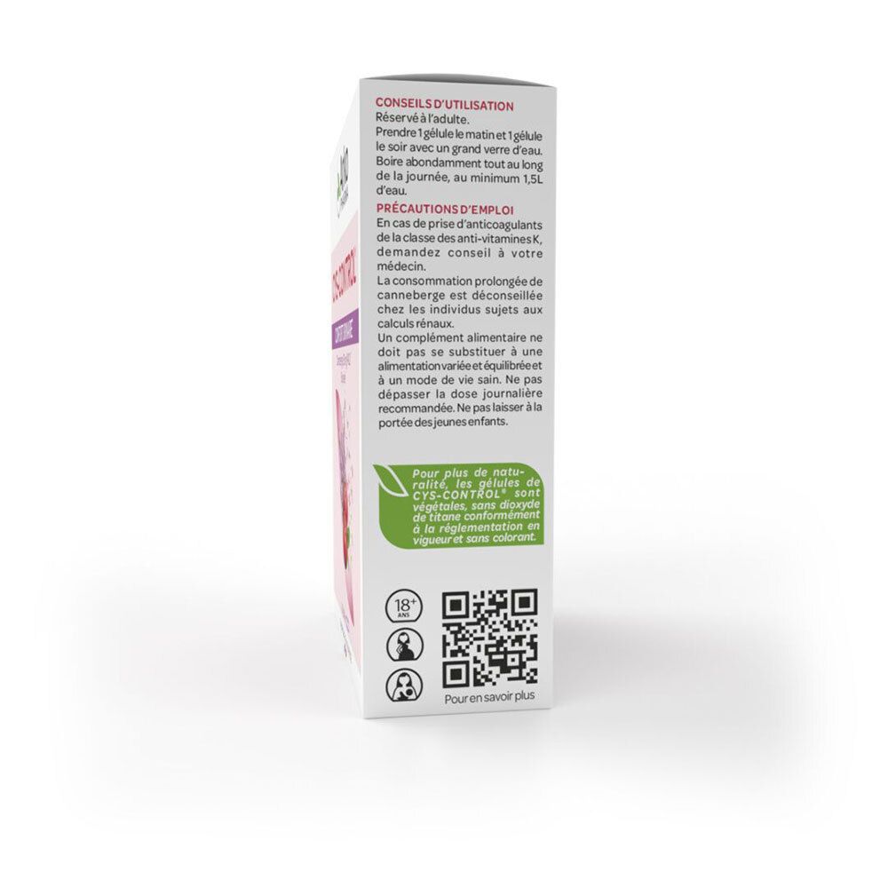 Vue latérale de la boîte Cys-control. Texte: Conseils d'utilisation, Precautions d'emploi. Codes QR et logos.