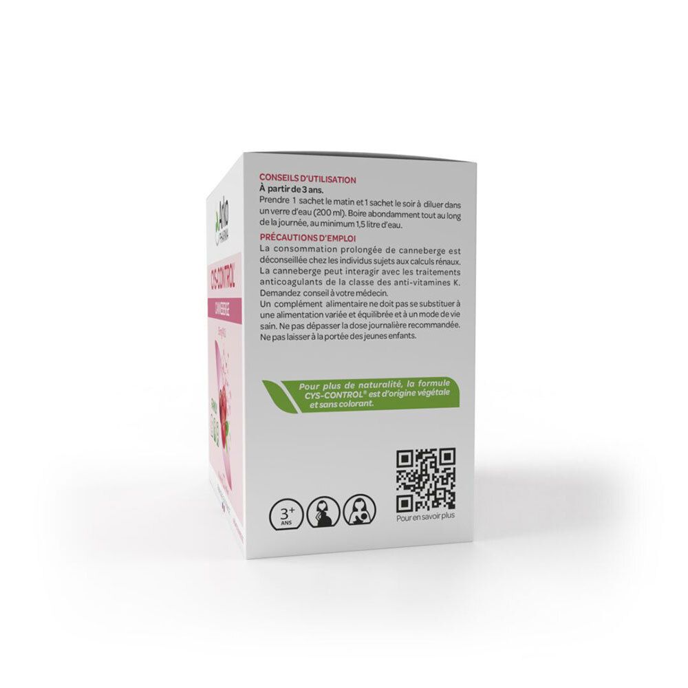 Dos de la boîte Cys-control®. Texte: Conseils d'utilisation, Précautions, Ingrédients, QR code, symbole 3+.