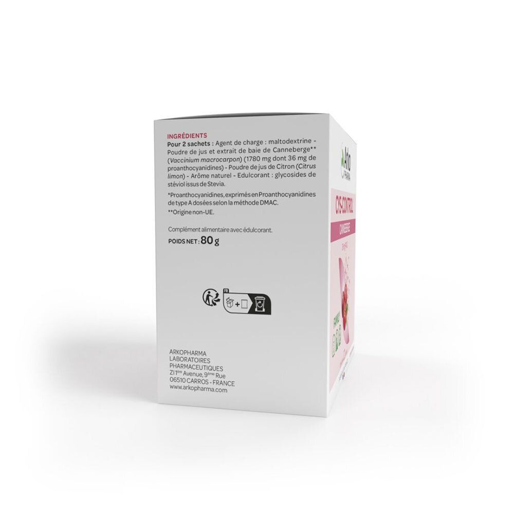 Dos de la boîte Cys-control®. Texte: Ingrédients, poids net 80g, informations fabricant, QR code.