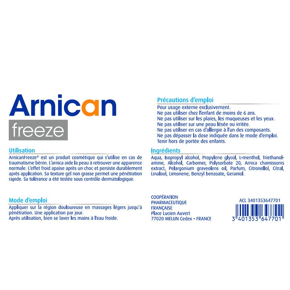 Rückseite der "Arnican freeze"-Schachtel. Text: Anwendung, Inhaltsstoffe, Vorsichtsmaßnahmen, Herstelleradresse.