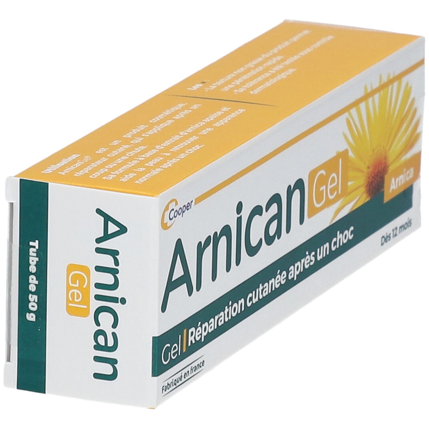 Schachtel "Arnicagel". Gel zur Hautreparatur nach einem Schock. Gelbe und weiße Verpackung mit Text und Blume. Tube 50g.