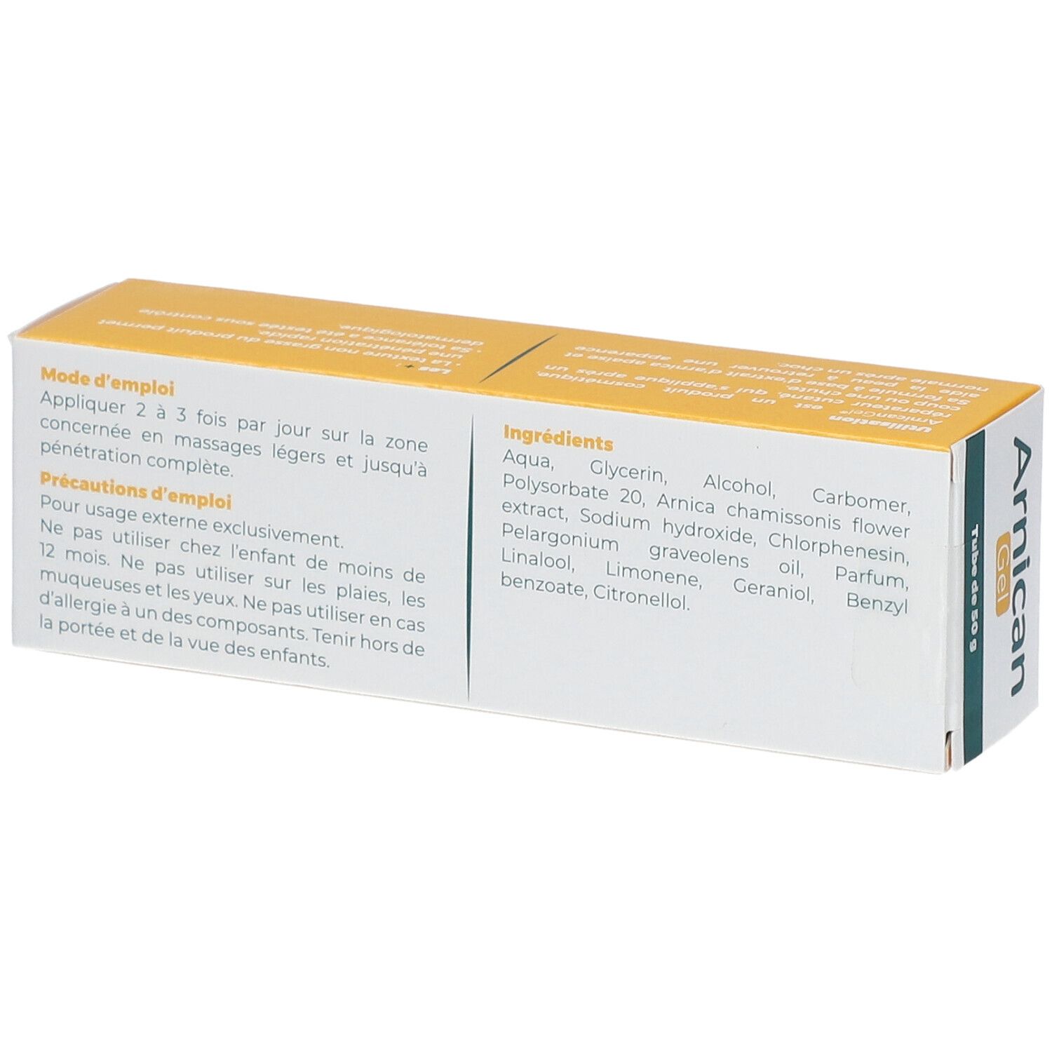 Rückseite der "Arnicagel"-Schachtel. Text über Anwendung, Vorsichtsmaßnahmen und Inhaltsstoffe. Gelbe und weiße Verpackung.