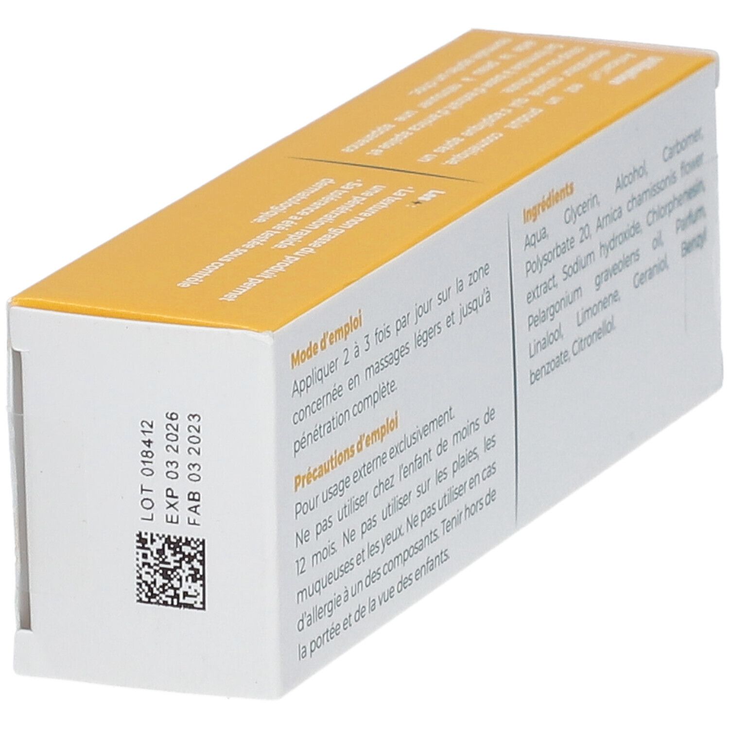 Rückseite der "Arnicagel"-Schachtel. Text über Anwendung, Vorsichtsmaßnahmen und Inhaltsstoffe. Gelbe und weiße Verpackung.