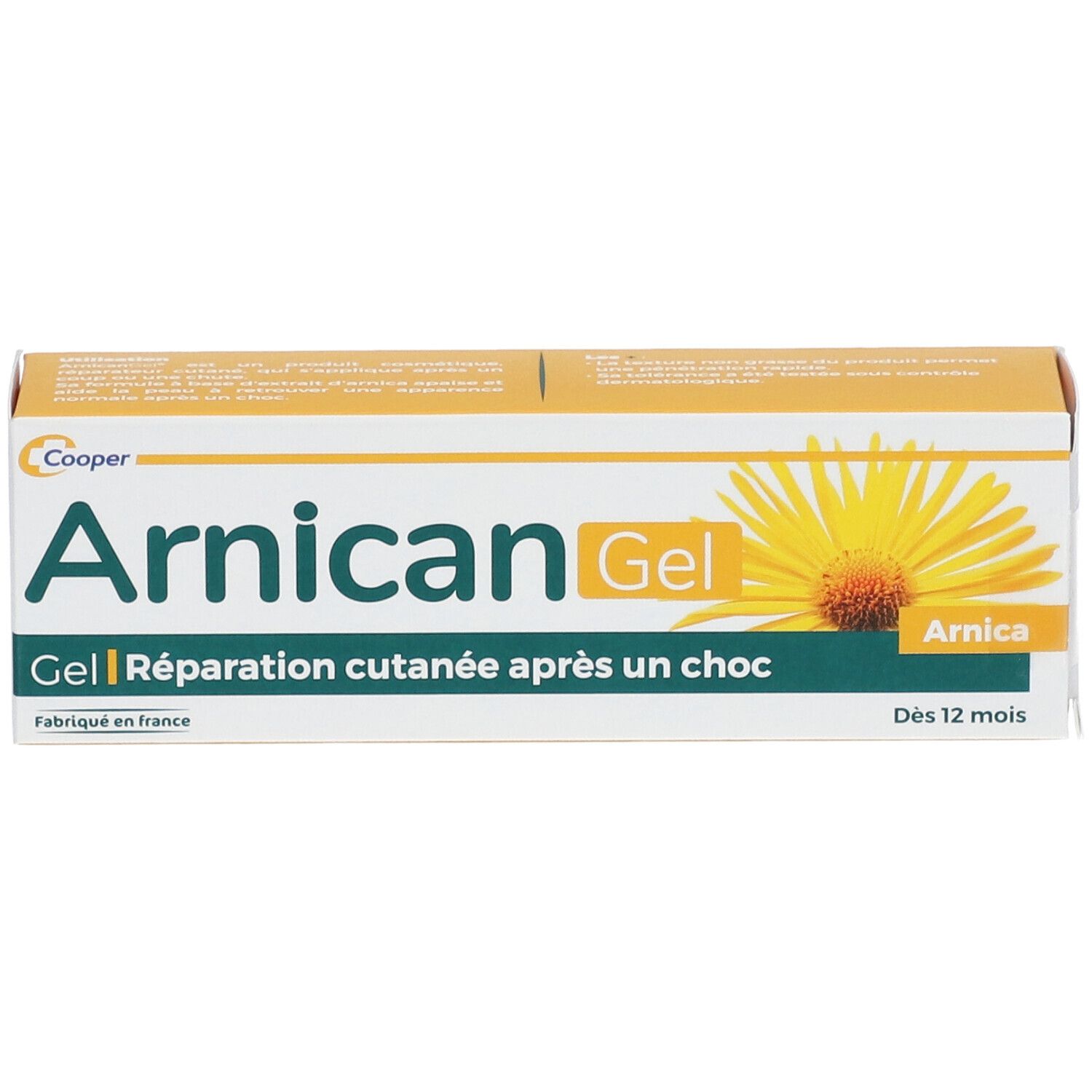 Schachtel mit "Arnicagel". Gel zur Hautreparatur nach einem Schock. Gelbe und weiße Verpackung mit Text und einer Blume.