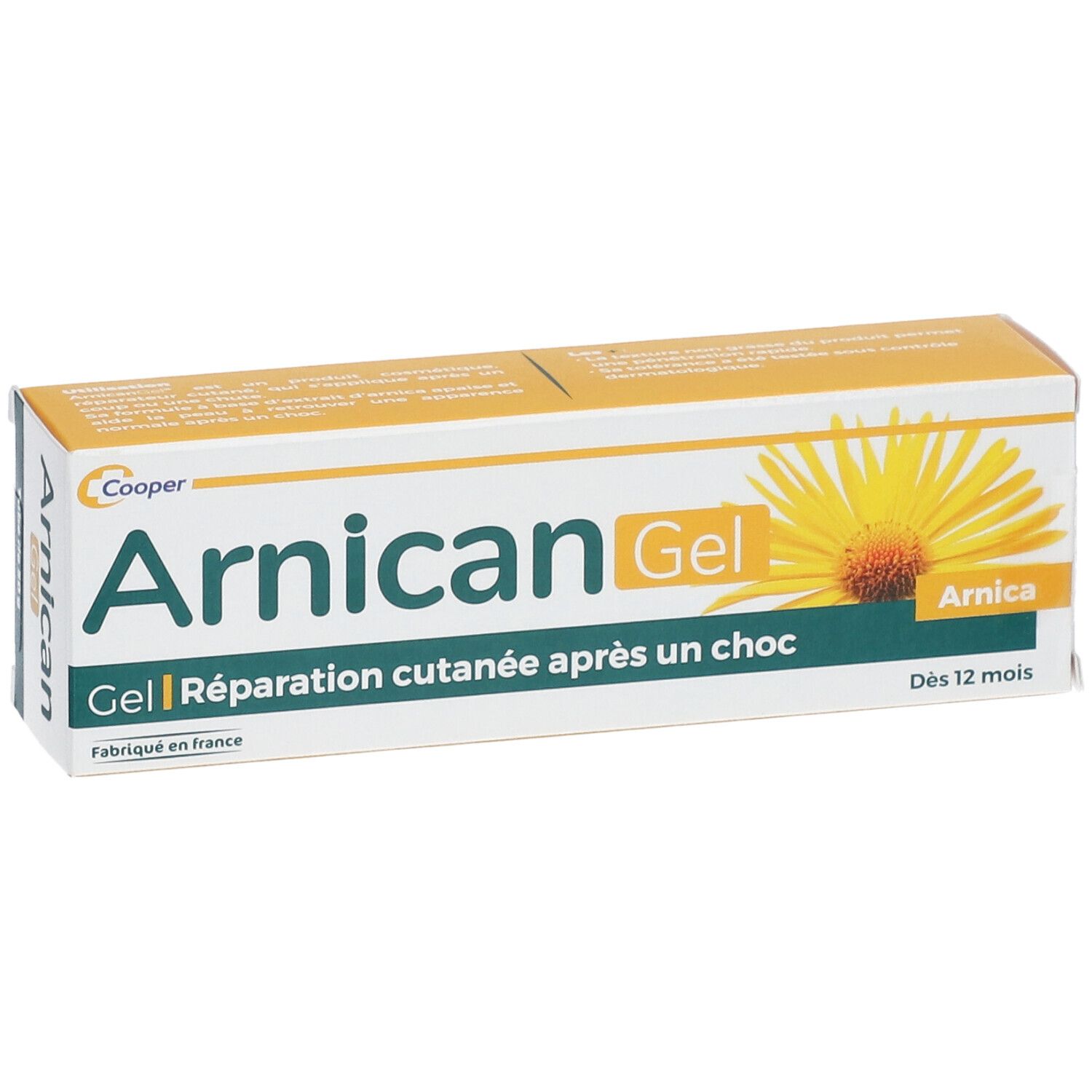 Schachtel mit "Arnicagel". Gel zur Hautreparatur nach einem Schock. Gelbe und weiße Verpackung mit Text und einer Blume.