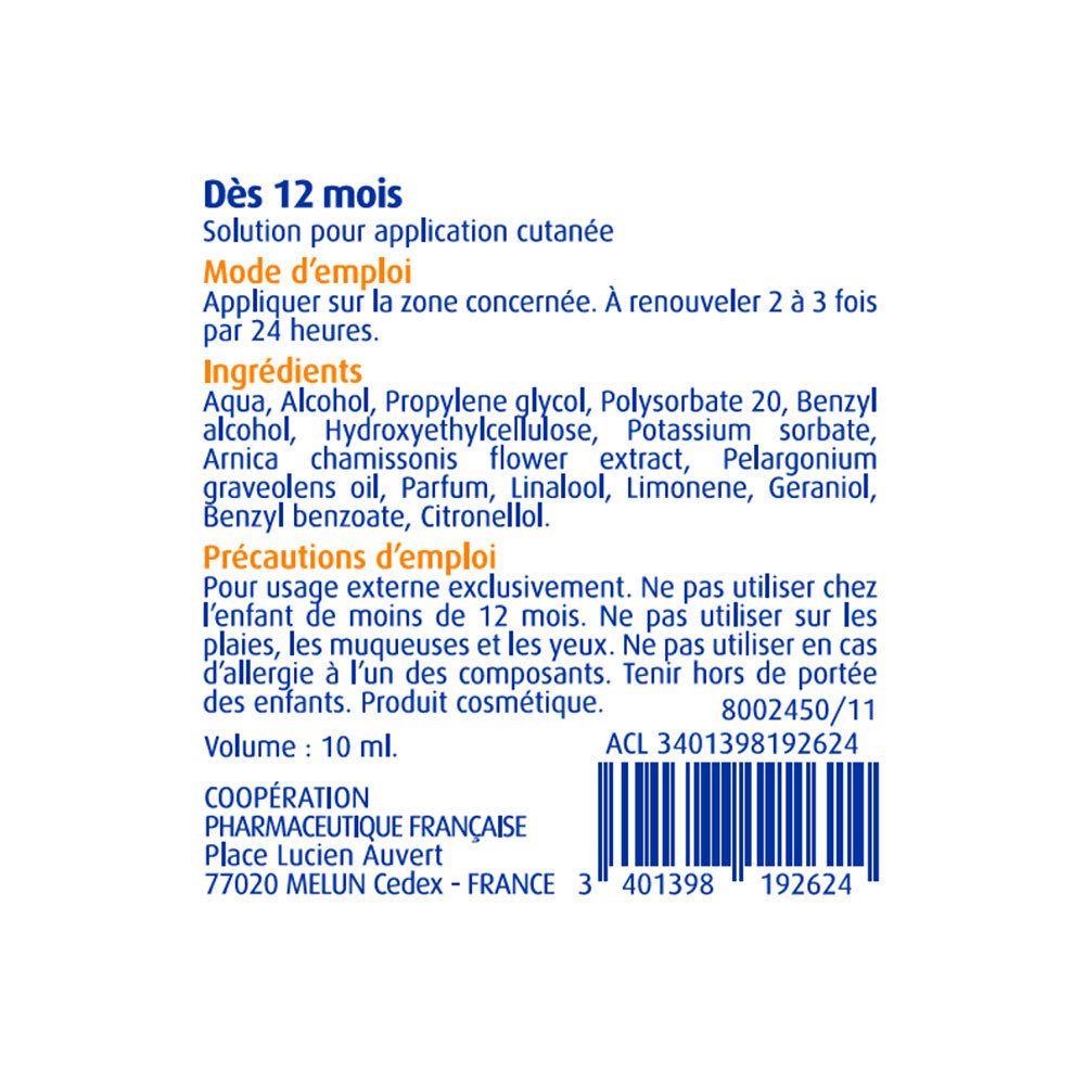 Etikett mit Inhaltsstoffen und Anwendungshinweisen. Text in Französisch. Volumen: 10 ml. Enthält Barcode und Kontaktinformationen.