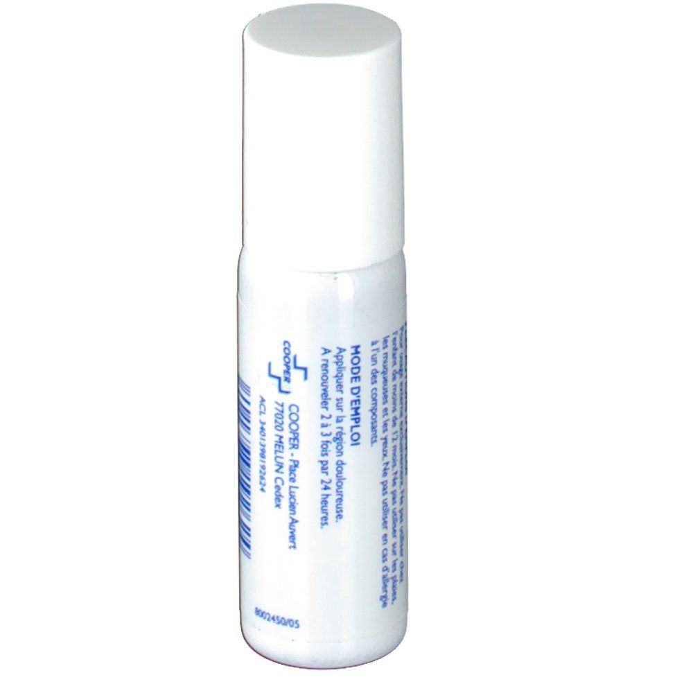 Weißer Roll-on-Behälter mit weißem Deckel. Blaue Schrift auf dem Etikett. Enthält Informationen zur Anwendung und Kontaktinformationen.