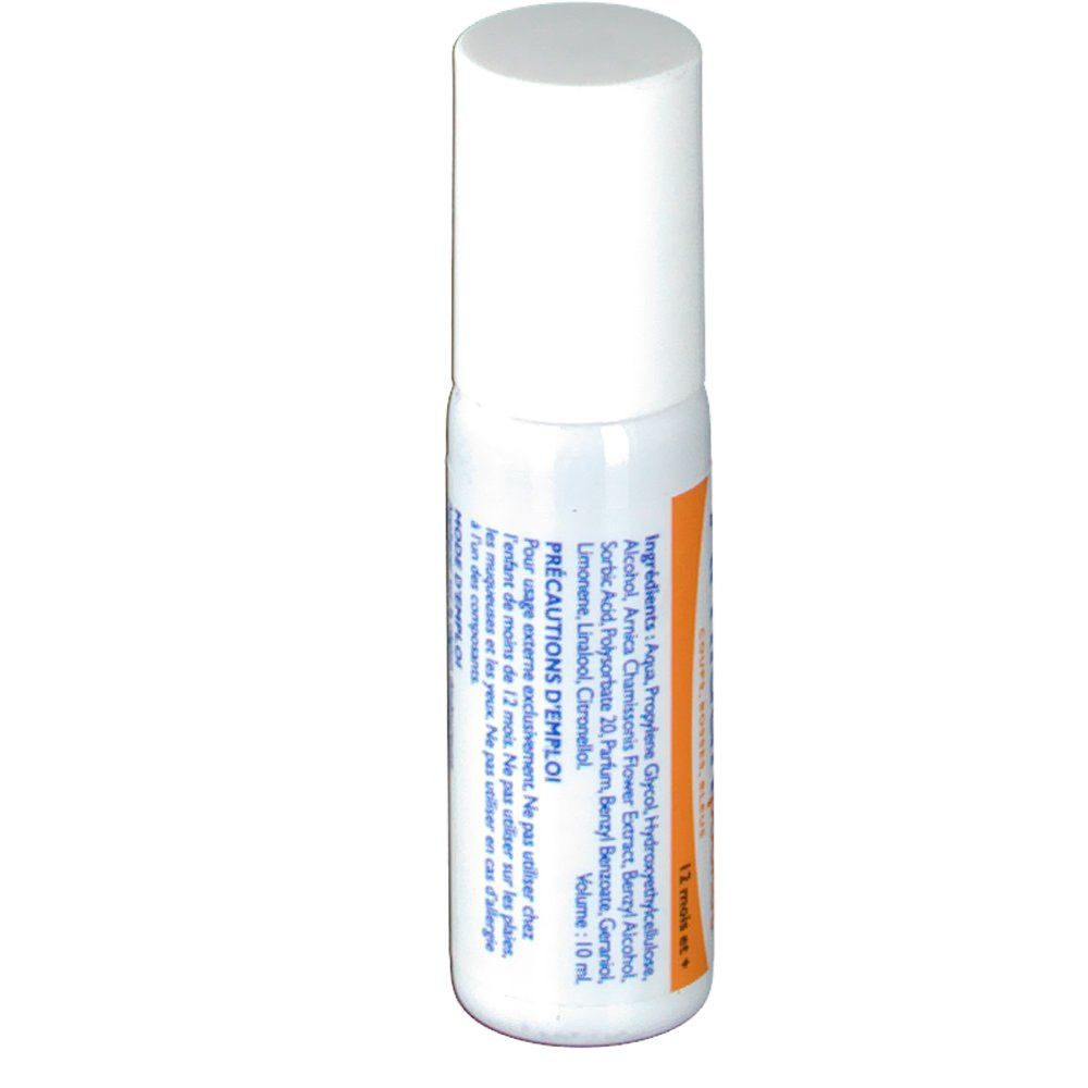 Weißer Roll-on-Behälter mit weißem Deckel. Etikett mit Inhaltsstoffen und Anwendungshinweisen. Volumen: 10 ml. Text in Französisch.