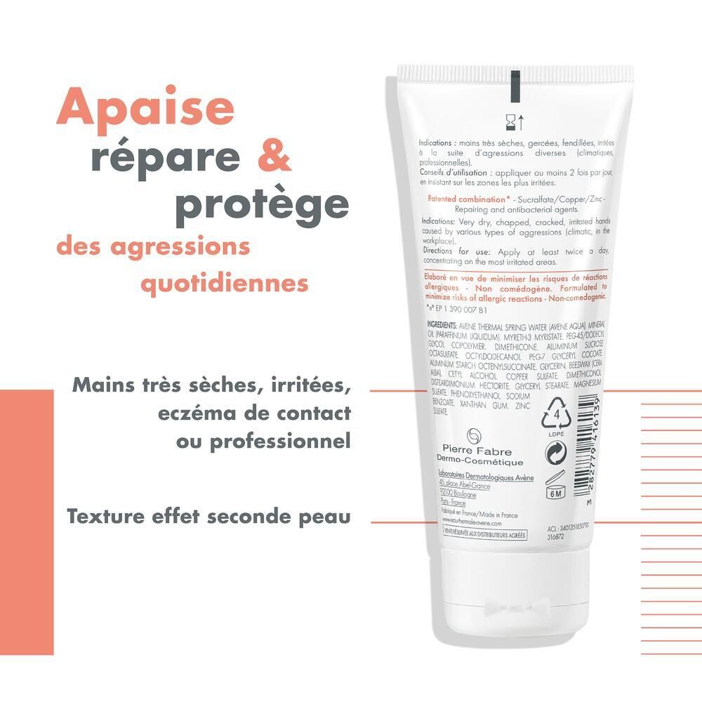 Dos d'un tube. Texte: Apaise, répare & protège. Pour mains très sèches, irritées. Texture effet seconde peau.