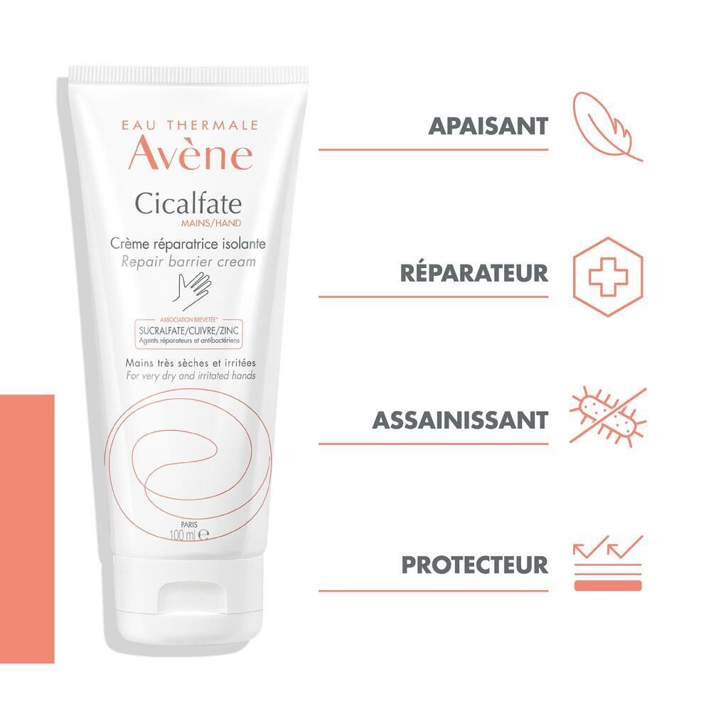 Tube blanc avec nom et logo du produit. Texte: Crème réparatrice isolante. Symboles: apaisant, réparateur, assainissant, protecteur.