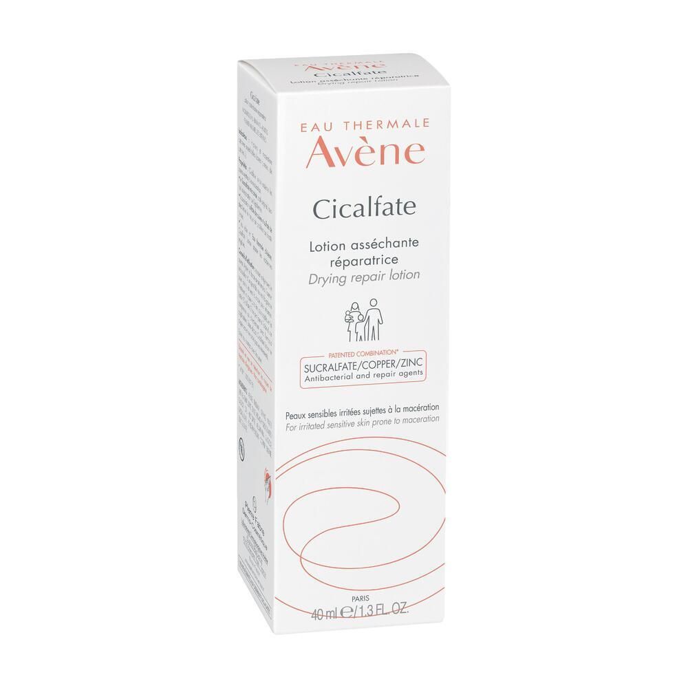 Kartonverpackung. Aufschrift: Eau Thermale Avène Cicalfate. Trocknende, reparierende Lotion. 40 ml.