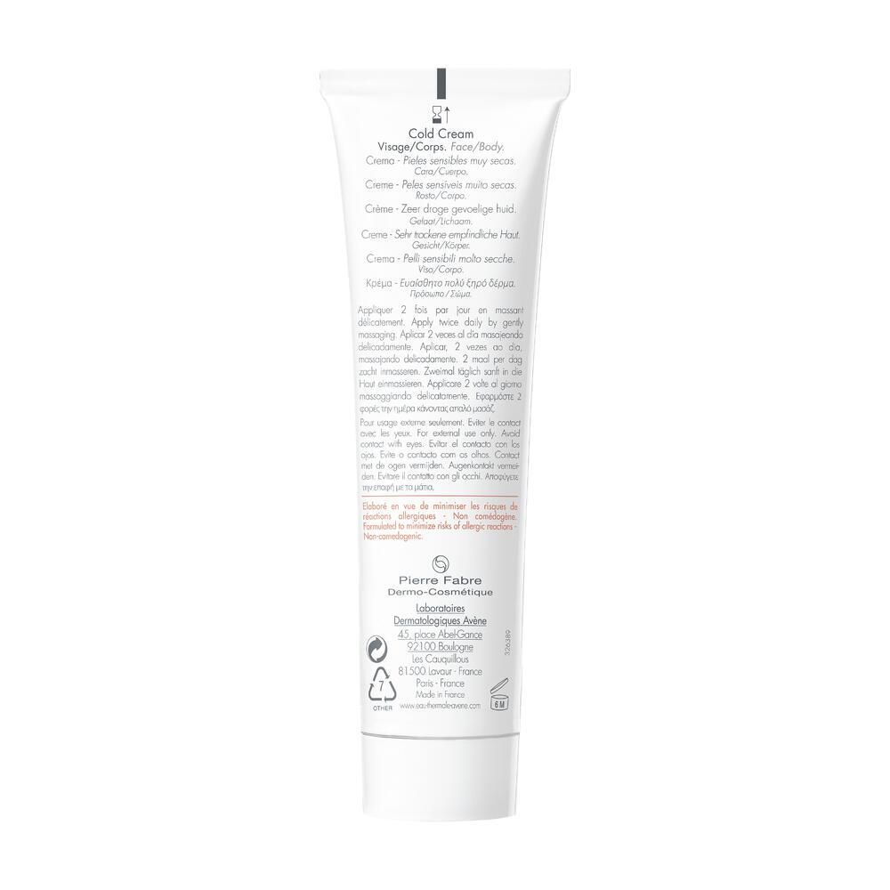 Dos du tube Avene Cold Cream. Texte, ingrédients, informations fabricant. Fond blanc.