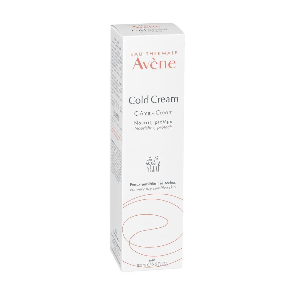 Emballage Avene Cold Cream. Blanc, logo et texte. Pour peaux très sèches. Rectangulaire.