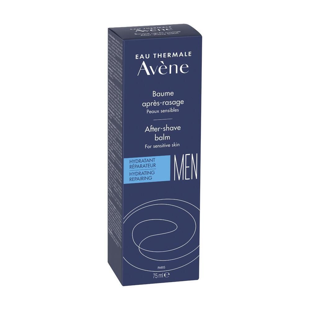 Kartonverpackung. Aufschrift: Eau Thermale Avène, After-shave balm, MEN. Blaue Farbe.