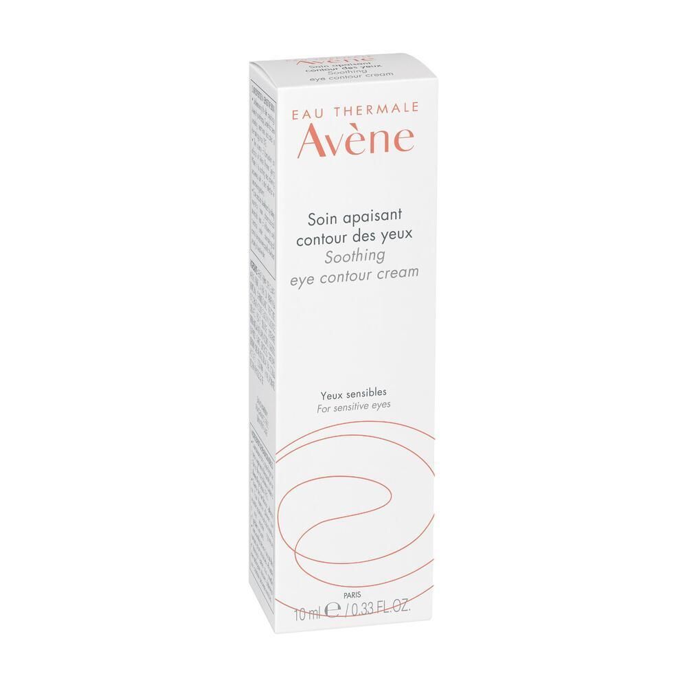 Emballage blanc de crème pour les yeux. Inscription: Eau Thermale Avène, Soin apaisant contour des yeux, Soothing eye contour cream.