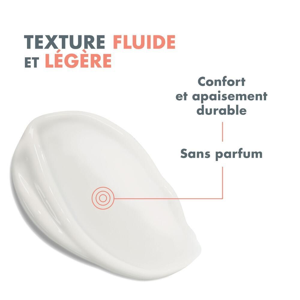 Gros plan d'une crème blanche. Texte: Texture fluide et légère, confort et apaisement durable, sans parfum.