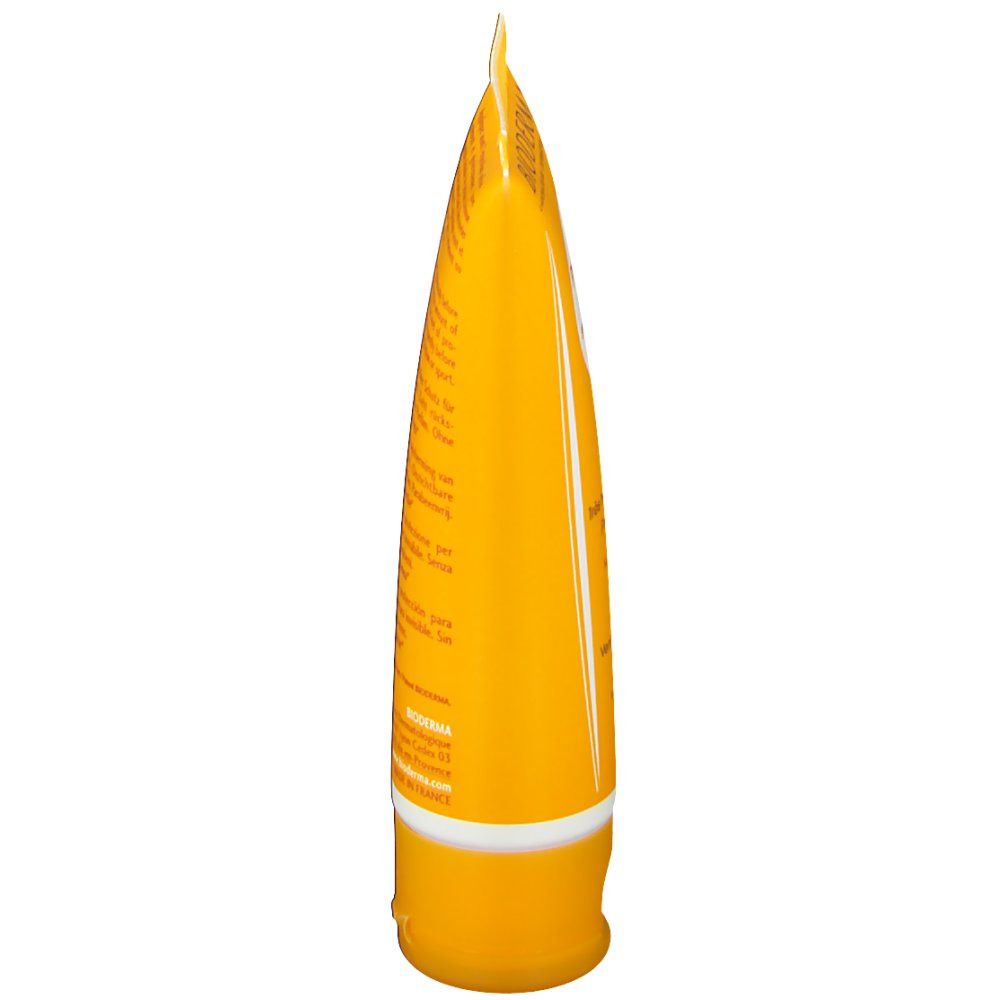 Tube jaune. Inscription: Bioderma Photoderm MAX crème SPF 50+. Texte en français et anglais. 60 ml.