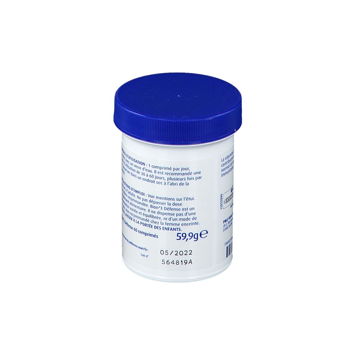 Flacon blanc, bouchon bleu. Inscription: Bion3 Defense, 60 comprimés, 59,9g. Date de péremption: 05/2022.