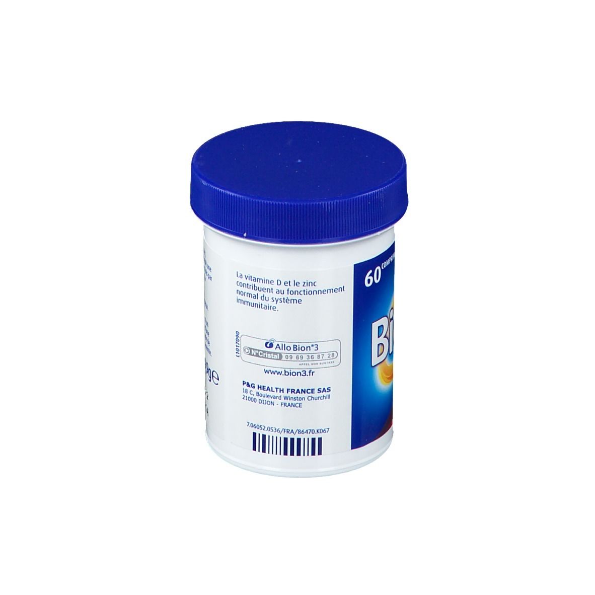 Flacon blanc, bouchon bleu. Inscription: Bion3 Defense, 60 comprimés. Code-barres.