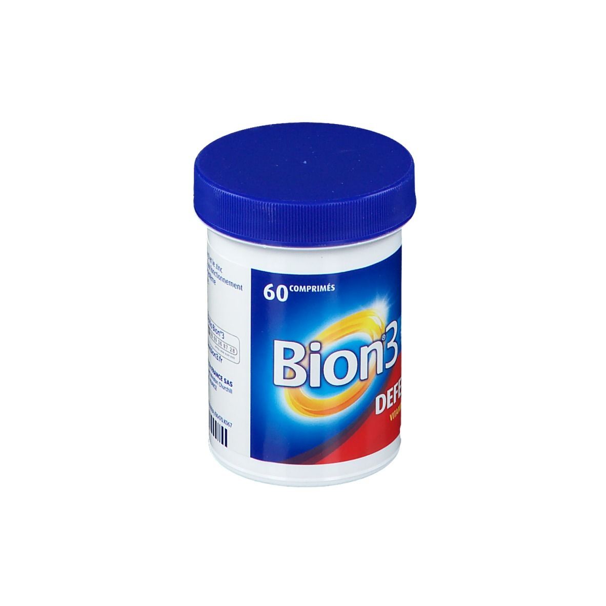 Flacon blanc, bouchon bleu. Inscription: Bion3 Defense, 60 comprimés.