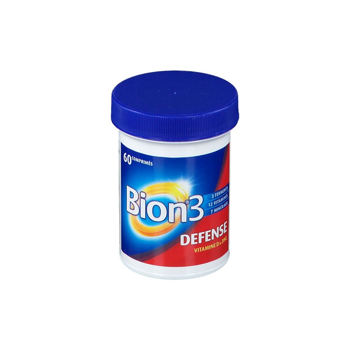 Flacon blanc, bouchon bleu. Inscription: Bion3 Defense, 60 comprimés, 3 ferments, 12 vitamines, 7 minéraux.